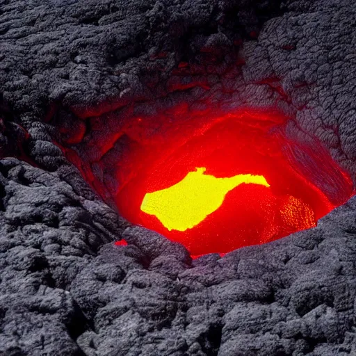 Image similar to head of the spiderman emerges from a lava lake, cave background, high detail, lava reflections, cave reflecting in the lava lake, dramatic shot