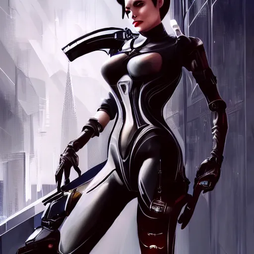 Image similar to A combination of Ada Wong's and Grace Kelly's and Ashley Greene's appearances wearing Warframe armor, high tech, action shot, angular, full body portrait, futuristic, dramatic, fantasy, intricate, elegant, highly detailed, digital painting, artstation, concept art, matte, sharp focus, illustration, 8K, art by Donato Giancola and James Gurney