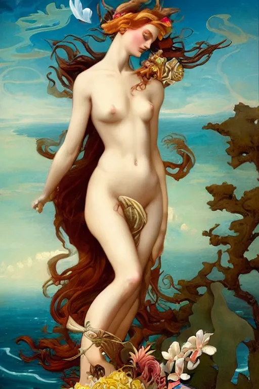 Image similar to The Birth of Venus by Peter Mohrbacher in the style of Gaston Bussière, Art Nouveau