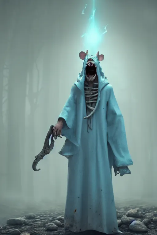 Prompt: character and environment design, anthropomorphic rat archanist with bone face covered in otherworldly dreamy light blue magic, tattered!!! robe and hood, stone pathway, blue light, fog, scary, arrogant, wise, photorealistic, cinematic, hyper realistic, octane render, 8 k, wide angle