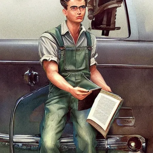 Image similar to a highly detailed epic cinematic concept art CG render digital painting artwork costume design: young James Dean as a well-kept neat mechanic in 1950s USSR green dungarees and big boots, reading a book. By Greg Rutkowski, Ilya Kuvshinov, WLOP, Stanley Artgerm Lau, Ruan Jia and Fenghua Zhong, trending on ArtStation, subtle muted cinematic colors, made in Maya, Blender and Photoshop, octane render, excellent composition, cinematic atmosphere, dynamic dramatic cinematic lighting, aesthetic, very inspirational, arthouse