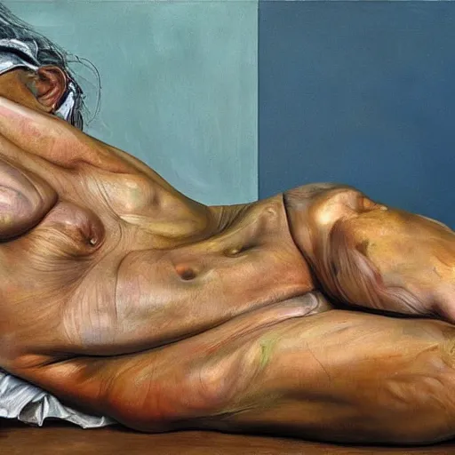 Image similar to high quality high detail painting by lucian freud and jenny saville, hd, upsetting, turquoise