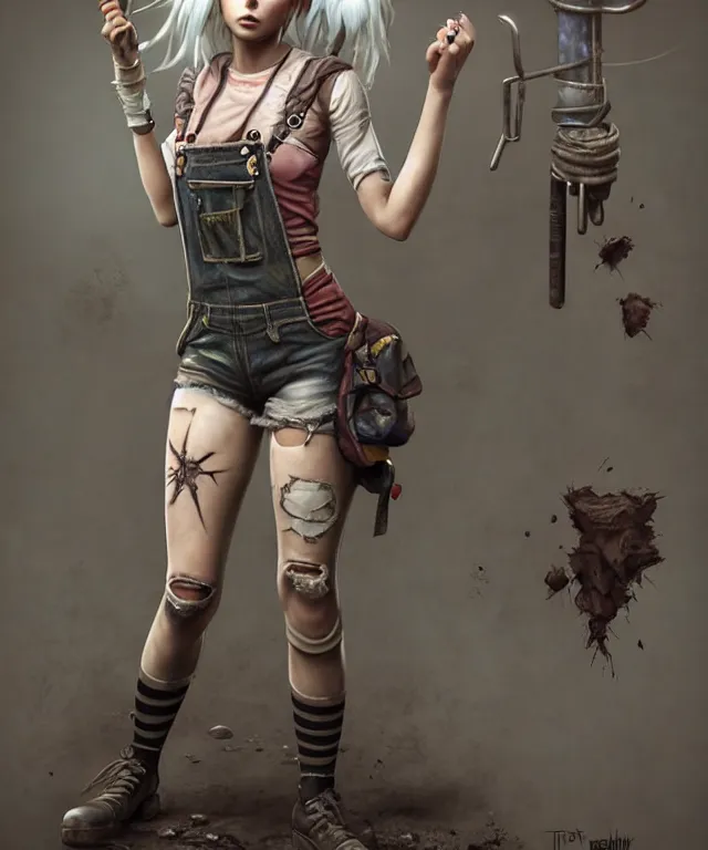 Image similar to full body pose, grungy, dirty ciri, torn overalls, short shorts, combat boots, fishnets, beautiful, highly detailed face, true anatomy!, extremely detailed!, digital painting, unreal engine 5, art by tom bagshaw