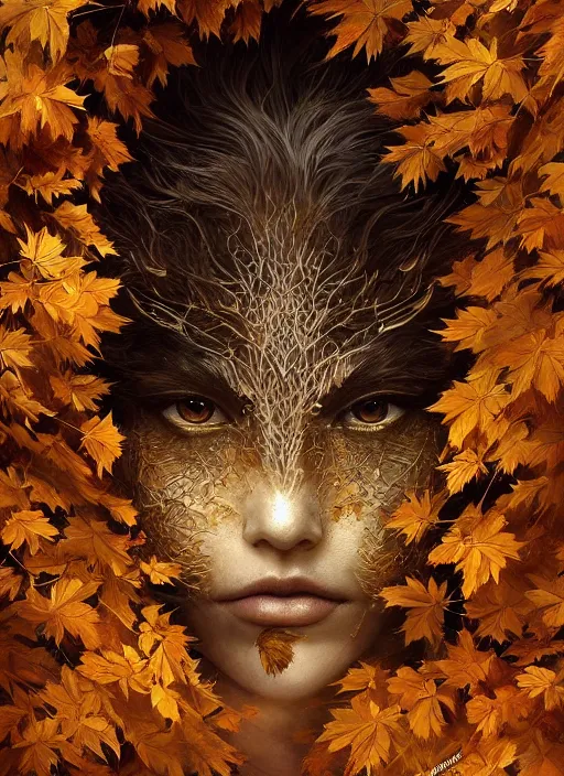 Image similar to golden leaves at frame border, creative!!! composition for a book cover, absurdly beautiful, ultrafine hyperrealistic detailed animal face by wlop and artgerm and greg rutkowski, intricate linework, sharp focus, smooth, octopath traveler, final fantasy, unreal engine, dramatic lighting, ethereal, 8 k