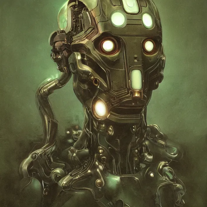 Image similar to portrait of a green Ultron from Age of Ultron, clockwork steampunk, head and chest only, by Beksinski, 4k, deviantart, trending on artstation