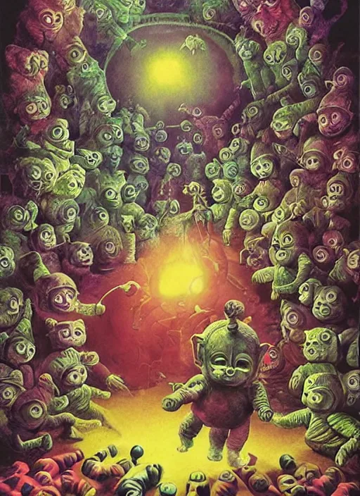 Image similar to disgusting teletubbies horror movie poster, grotesque, scary, high details, intricately detailed, by vincent di fate, artgerm julie bell beeple, inking, 1990s, vintage 90s print, screen print