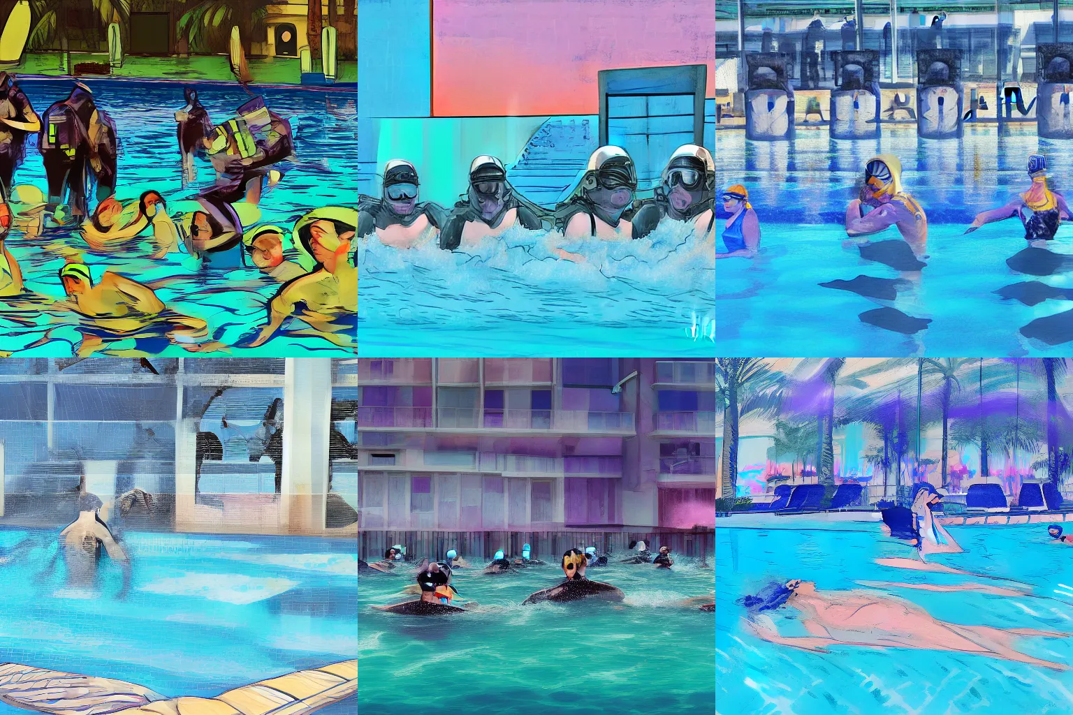 Prompt: digital art, french riot police swimming in a swimming pool, lounge resort, vaporwave