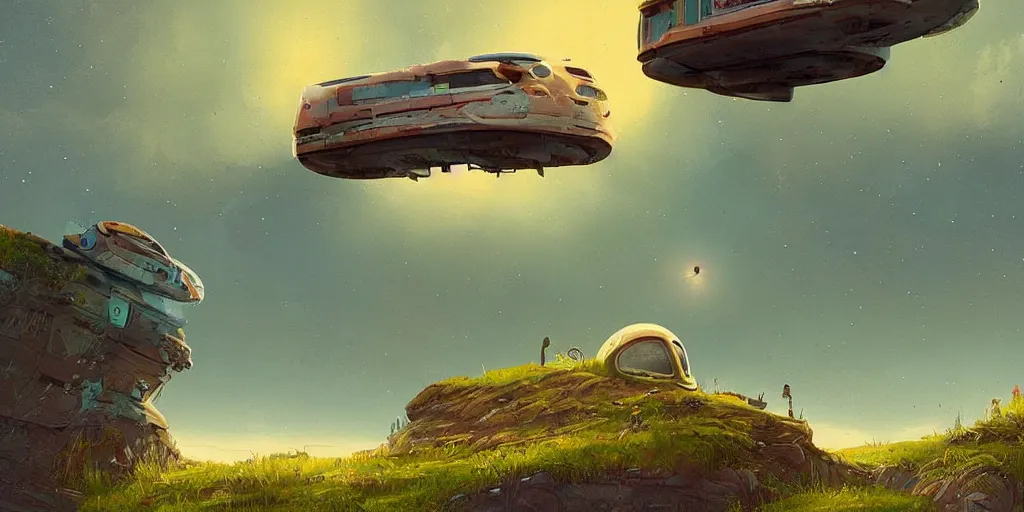 Image similar to a crashlanded, abandoned, overgrown spaceship hanging partially over a cliff. Beneath the cliff is an alien lake. In the sky are two suns. Detailed digital art in the style of simon stalenhag