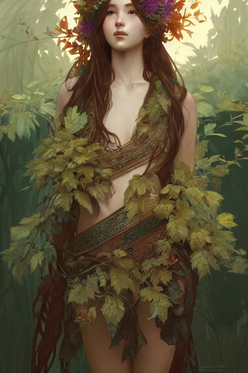 Image similar to beautiful ancient girl in makeshift leaf armor, highly detailed, digital painting, artstation, sharp focus, illustration, art by tan zi and ayanamikodon and alphonse mucha and wlop