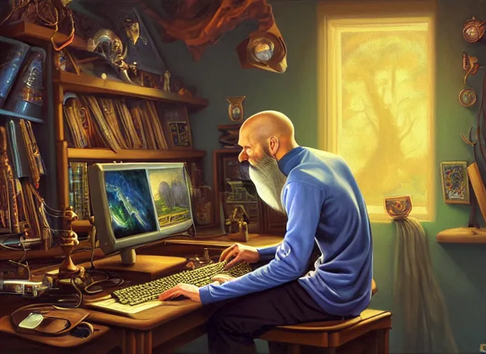 Prompt: classic oil painting, side view of a fantasy wizard using a pc, gaming, retro 6 0 s computer, sitting inside a cluttered storage room, night cap, cottagecore, long wavy beard, keyboard, extremely detailed, digital illustration, concept art, readability, smooth, sharp focus, art by alex grey, art by brothers hildebrandt