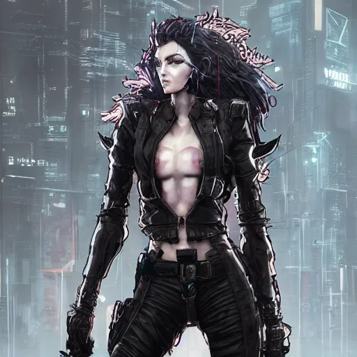 Prompt: full body portrait of a badass elf woman with wearing a leather jacket, cyberpunk digital art, dramatic lighting, illustration by Greg rutkowski, yoji shinkawa, 4k, digital art, concept art, trending on artstation