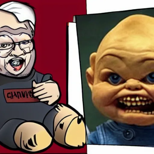 Image similar to george rr martin in a cartoon with screaming chucky doll