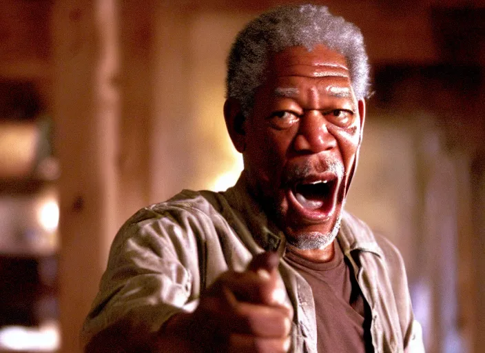 Prompt: a still of morgan freeman in cabin fever (2002), horror, dramatic lighting, screaming