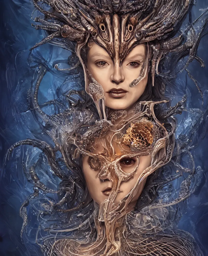 Prompt: close-up macro portrait of the face of a beautiful princess with animal skull mask and ribcage, epic angle and pose, symmetrical artwork, 3d with depth of field, blurred background, cybernetic jellyfish female face skull phoenix bird, translucent, nautilus, energy flows of water and fire. a highly detailed epic cinematic concept art CG render. made in Maya, Blender and Photoshop, octane render, excellent composition, cinematic dystopian brutalist atmosphere, dynamic dramatic cinematic lighting, aesthetic, very inspirational, arthouse. y Greg Rutkowski, Ilya Kuvshinov, WLOP, Stanley Artgerm Lau, Ruan Jia and Fenghua Zhong