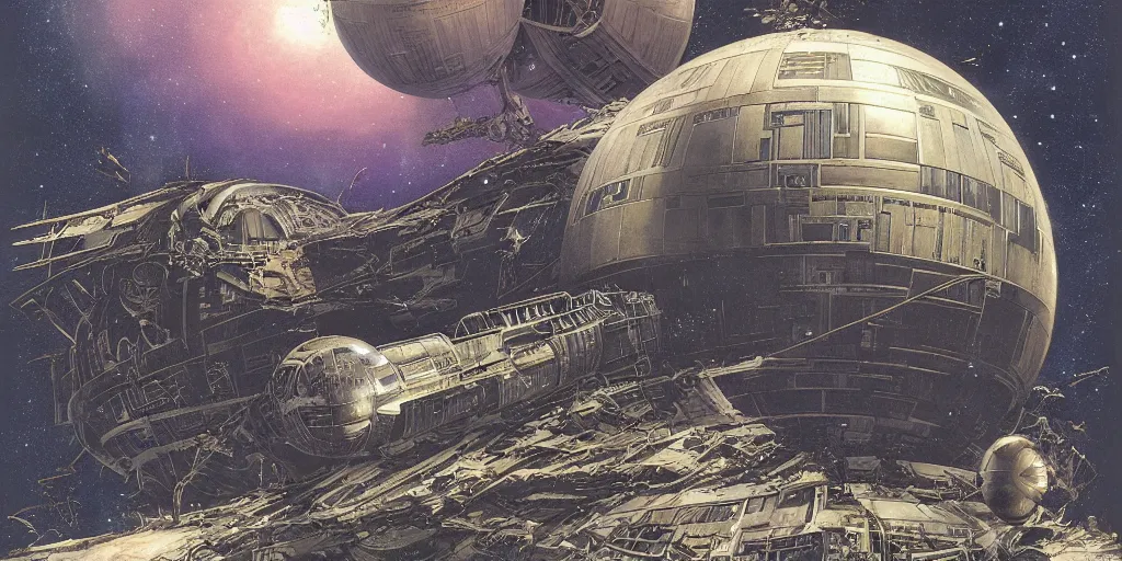 Prompt: a steampunk death star by doug chiang and ralph mcquarrie, a spaceship approaches the wreckage of a derelict in deep space,