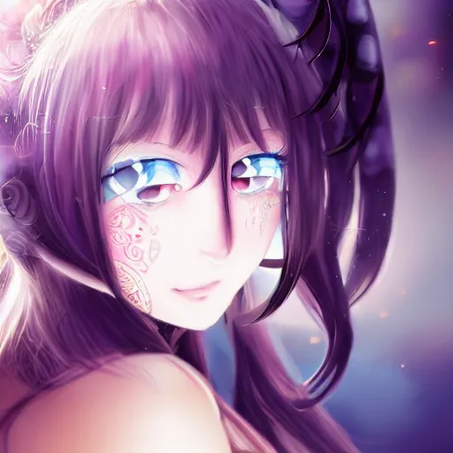 Image similar to beutiful girl with horn, anime art, 4 k, ambien occlusion, close up,