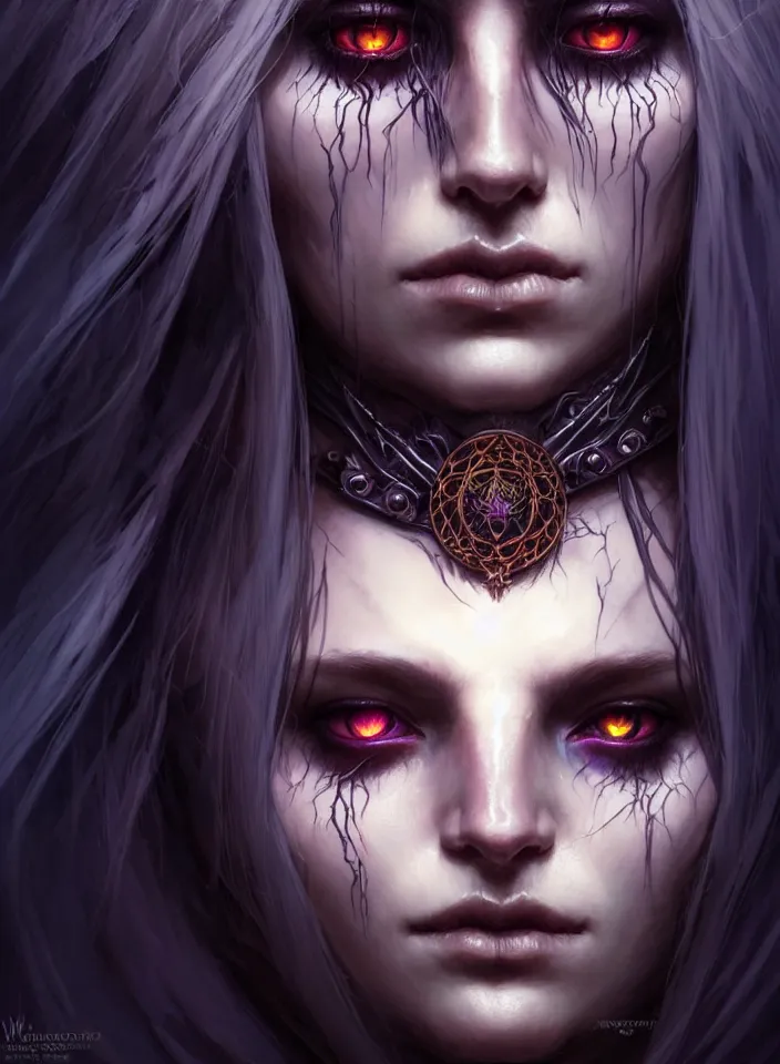 Image similar to Necromancer Sorceress face close-up macro in center, fantasy magic, undercut hairstyle, dark light night, intricate, elegant, sharp focus, illustration, highly detailed, digital painting, concept art, matte, art by WLOP and Artgerm and Greg Rutkowski and Alphonse Mucha, masterpiece