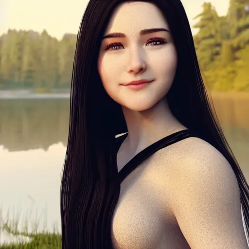 Prompt: real life photo of a beautiful girl, full body photoshoot, long black hair, full round face, short smile, brown shirt, lake setting, cinematic lightning, medium shot, mid - shot, highly detailed, trending on artstation, unreal engine 4 k, 8 0 mm, 8 5 mm, cinematic wallpaper