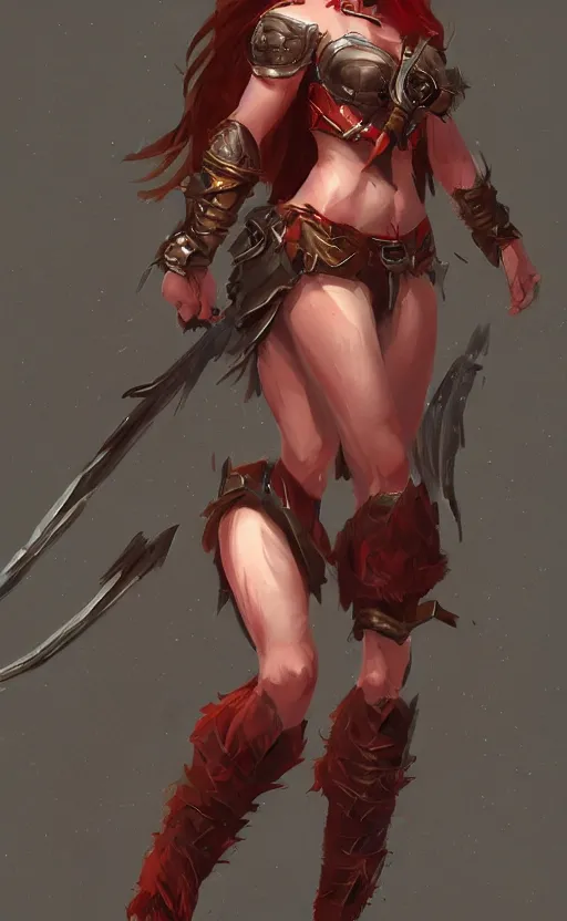 Image similar to full body concept art of a warrior princess with back to the camera, medium length red hair, by stanley lau, rim lighting, sharp focus, trending on artstation