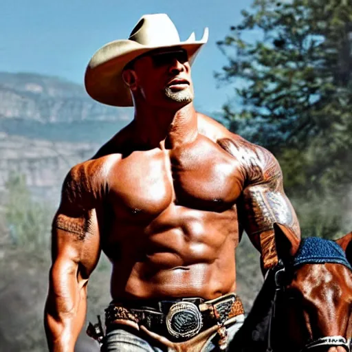 Image similar to film of Dwayne Johnson as cowboy