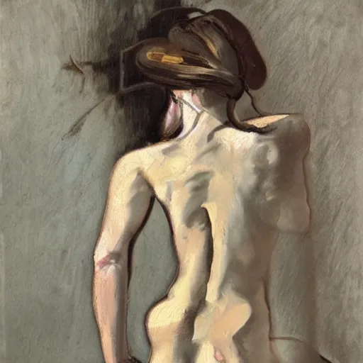 Image similar to woman on a victorian style bad old deteriorating walls in the background in the style of lucian freud, painting, dark, brush strokes