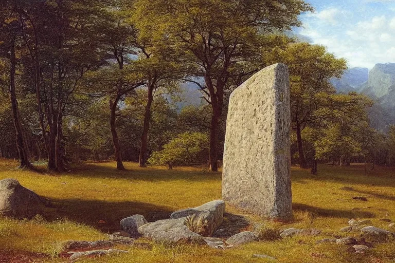 Prompt: runestone, runic inscription, megalithic, monument, nature, trees, focused, centered, very detailed, norse, histor, oil painting, Albert Bierstadt
