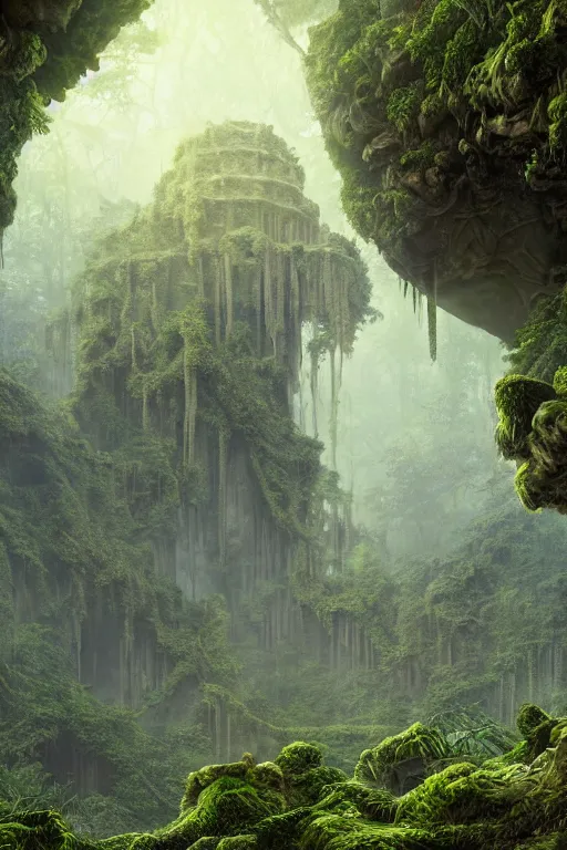 Image similar to ancient fractal temple megastructure in the hanging gardens of a radiant forest jungle, overgrown garden, scanned earth terrain fractal bridges, highly detailed erosion algorithm landscape, by albert bierdstat, by glenn small, high resolution, 8 k photorealism, populated by luminous beings, god rays in volumes of fog, looking up perspective