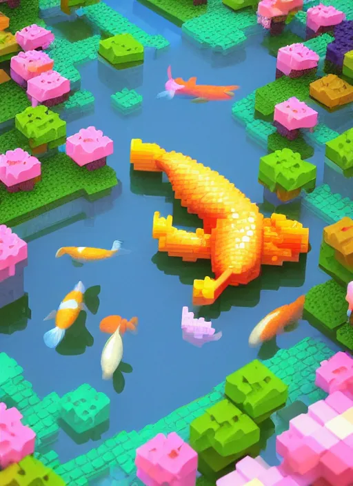 Image similar to Amazon pastel cute voxel art of a koi pond, behance, artstation, cute, Japanese, 3d render, unity, beautiful lighting, extremely beautiful, Huang Guangjian and Gil Elvgren and Sachin Teng , Greg Manchess