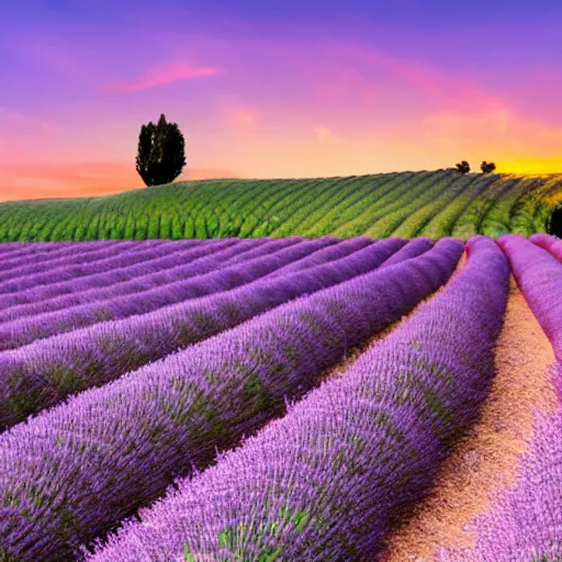 Image similar to lavender field in provence at sunset with a cat sitting in foreground