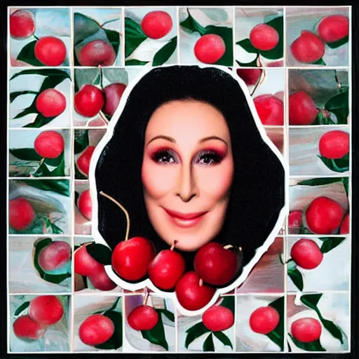 Prompt: the red fruit cherry, collage with the face of cher on it