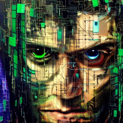 Prompt: hyperrealistic portrait of a cyberpunk man, long hair, confident, cybernetics, immersed within a network, by Guy Denning, Derek Gores, Russ Mills, glitch art, hyper focus, fined detail, polished, complex, hacking effects, holographic, digital tech effects, color blocking!, green, realistic, acrylic on canvas, concept art, abstract!, 8k, concept art, octane, cgsociety, trending on artstation