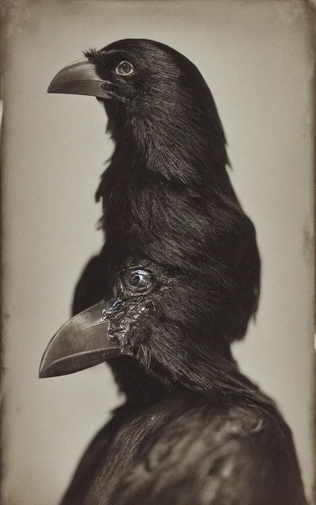 Image similar to portrait of a humanoid crow wearing a man face as mask, daguerreotype, studio lighting, hyperrealistic, ultra detailed