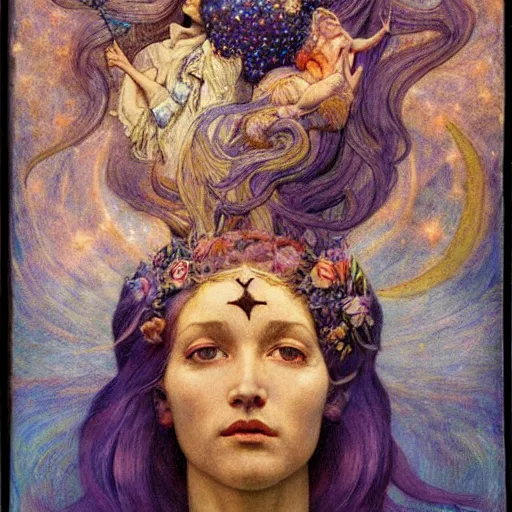 Image similar to queen of the moon with stars in her hair, by annie swynnerton and tino rodriguez and nicholas roerich and lucien freud and jean delville and donato giancola, dramatic lighting, floral tattoos, rich colors, smooth sharp focus, extremely detailed, adolf wolfli