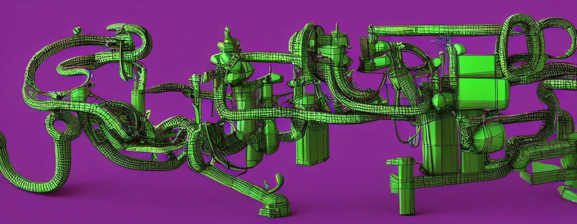 Prompt: a machine for making snake oil, purple and green, art by glenn fabry and ed roth, 3 d rendering by beeple, fine detail, 8 k, snake machine