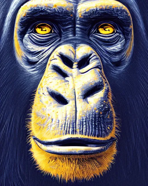 Image similar to blue, gold, very detailed high resolution illustration portrait of a chimpanzee, backlit, night covered in stars, 3 d, 8 k, extremely detailed, artstation, award winning, sharp focus, illustration