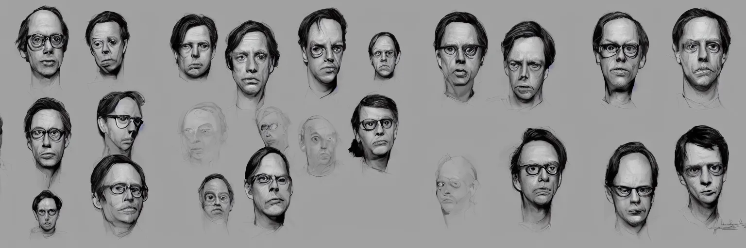 Prompt: character study of todd solondz and steve buscemi and paul dano, 2 0 2 2, clear faces, emotional, character sheet, fine details, concept design, contrast, kim jung gi, pixar and da vinci, trending on artstation, 8 k, full body and head, turnaround, front view, back view, ultra wide angle