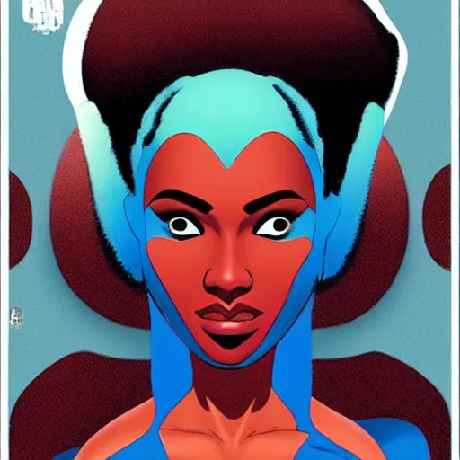 Prompt: A beautiful assemblage. She has deeply tanned skin that makes me think of Oort, an almond Asian face and a compact, powerful body. crimson by Brian Stelfreeze amorphous, dreary