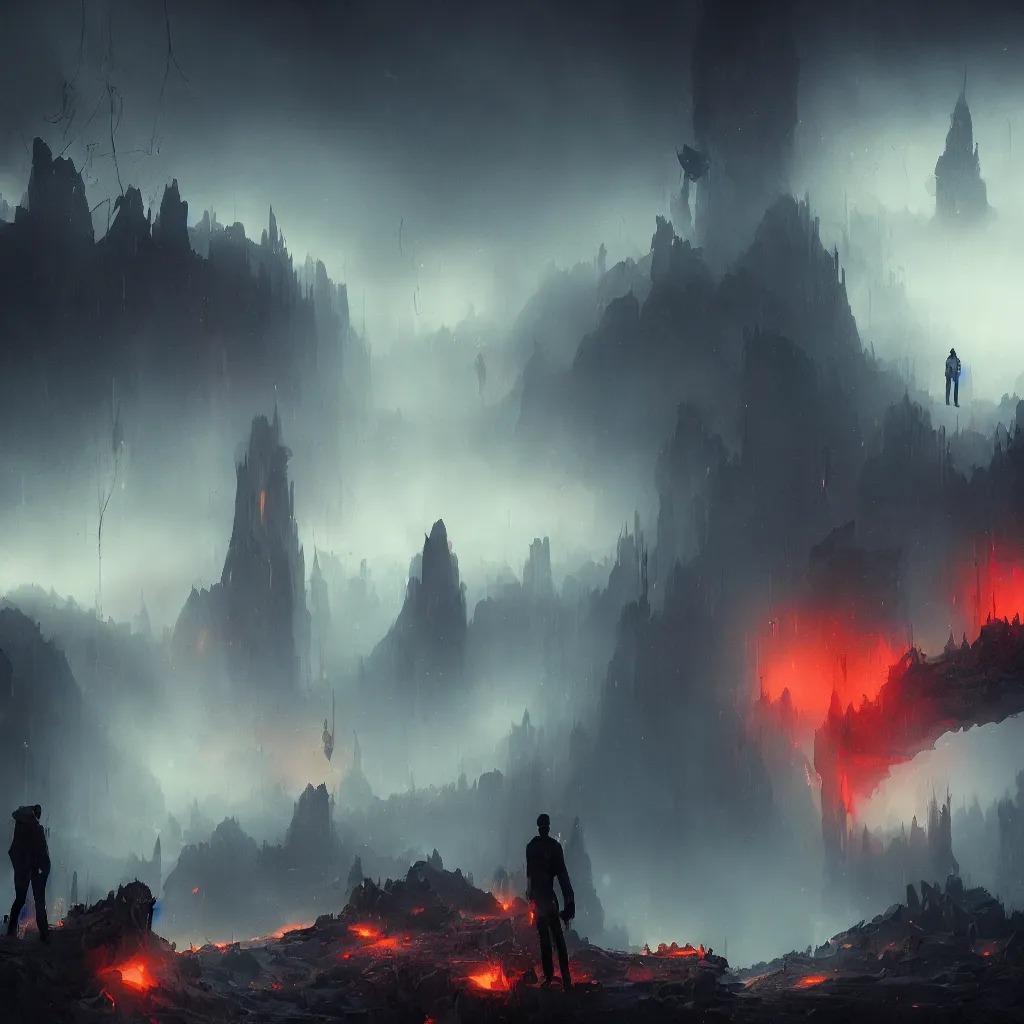 Prompt: devil, scary, magical area, foggy area, by greg rutkowski, sharp focus, man standing, tower, black hole sucking, fire, apocalypse, so many wires, glowing blue veins