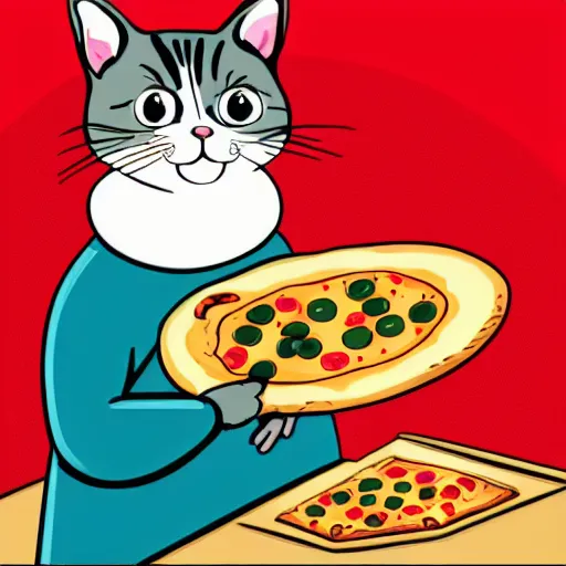 Prompt: cat eating pizza, vintage vector illustration