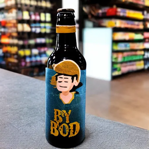 Image similar to boy hold beer bottle in the shop. angry casier refuse to sell.