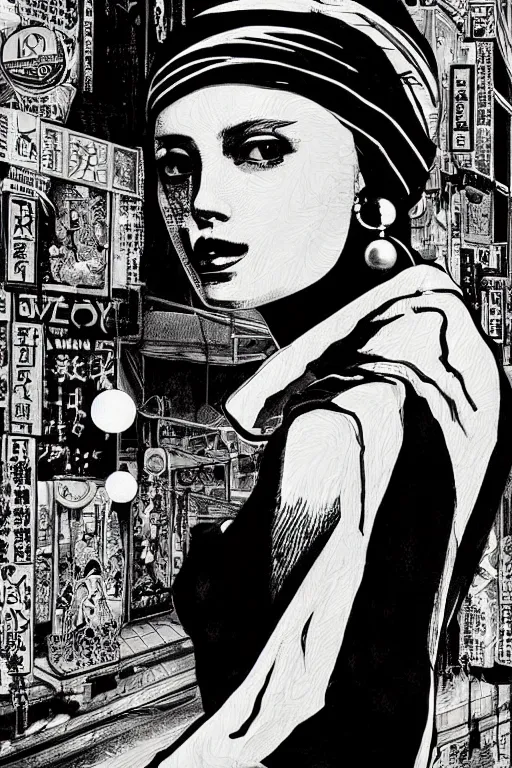 Image similar to beautiful portrait of a woman, negative no not the girl with a pearl earring, highly detailed ink illustration of a narrow neon lit tokyo alley, b & w clean shaped illustration by kim jung gi, ric estrada, ron english and eiichiro oda