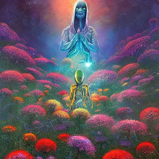 Prompt: a beautiful painting of a large alien shrine shrouded by mystic nebula magic in a field of flowers by moebius and android jones