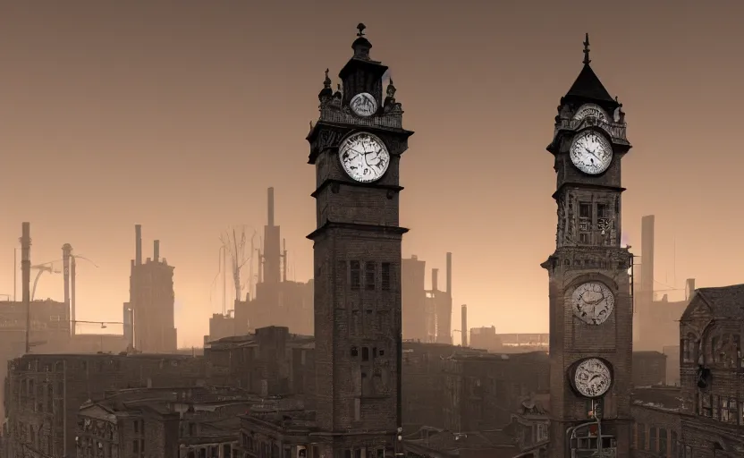 Image similar to an asymetric clocktower, looming above an early 1900s industrial english cityscape at dusk, by tim burton, by zdzislaw beksinski, by igor morski, by laurie lipton, photorealistic, realistic shadows, Burtonesque, German expressionism, 3d, rendered in octane, rendered in lumion, matte painting