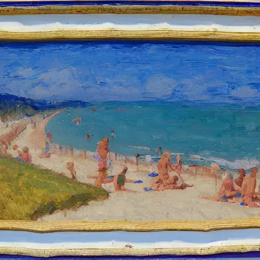 Prompt: oil paint impasto reliefs, italian beach scene, an artwork by charles w. bartlett and jackson pollack and colin campbell cooper