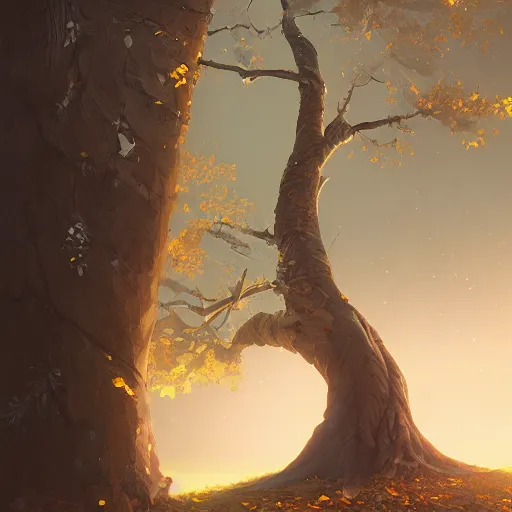 Prompt: a tall old tree with golden leaves, characterized by roman shipunov, etienne hebinger, atey ghailan, cgsociety, cynical realism, fantasy art, 2 d game art