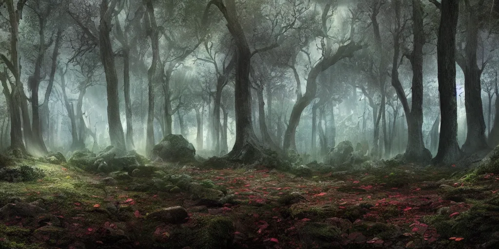 Image similar to beautiful matte painting of a fantasy dark forest