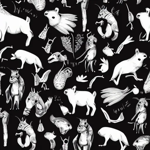 Image similar to animals and plants on a black background, wallpaper, Illustration, Anatomical Drawing, Painting