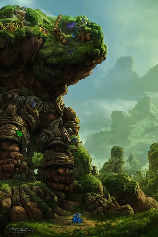 Image similar to zelda fantasy art giant golem troll wood rock greeble gemstone, global illumination ray tracing hdr fanart arstation by sung choi and eric pfeiffer and gabriel garza and casper konefal