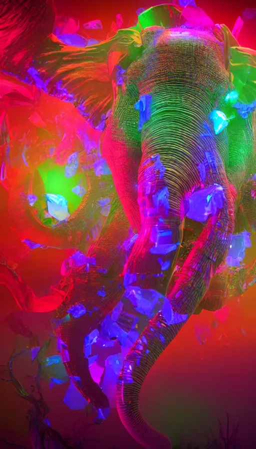 Image similar to 8K UHD Houdini render of crystalpunk mysterywave biocore herbalmancer elephant, background bioluminescent swirling wisps, red yellow green blue smoke gradient palette, volumetric lighting, 18 mm lens