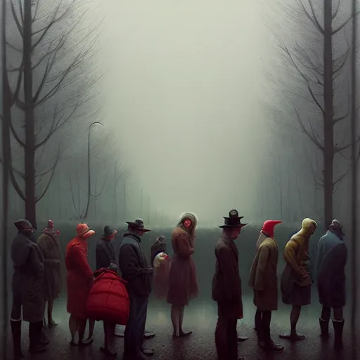 Prompt: waiting in line for cold soup by simon stalenhag and gil elvgren and tom bagshaw, dreary, cold, cloudy, grey